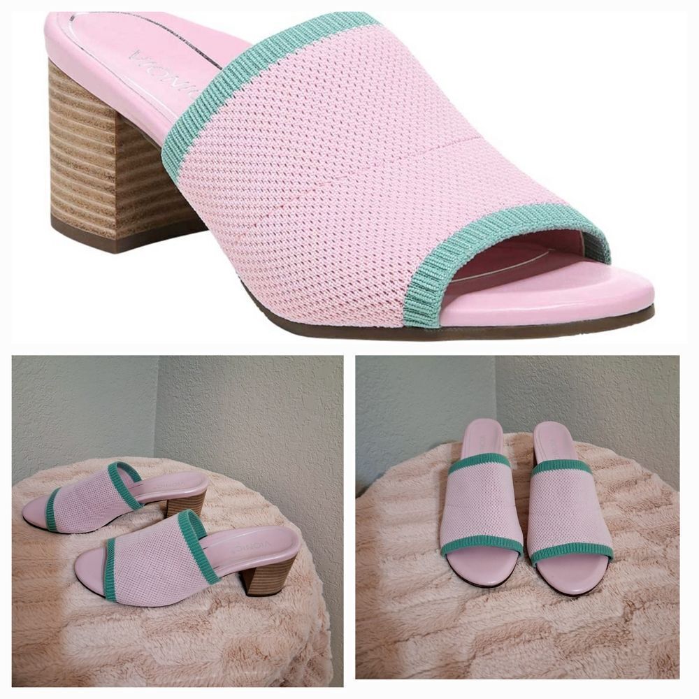 Vionic Pink and Green Mules with Chunky Heel Size 8